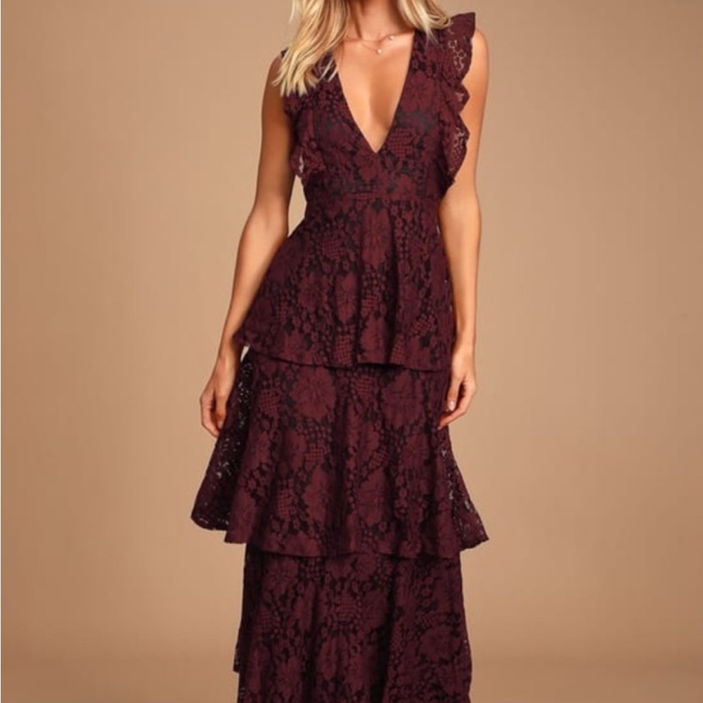 Lulu's Burgundy Lace Tiered Maxi